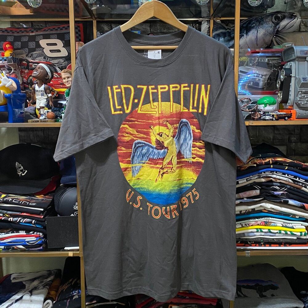 Led Zeppelin US Tour 1975 Icarus Graphic T-Shirt Charcoal Grey Mens Size Large